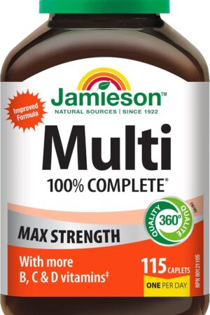 Jamieson 100% Complete Multivitamin Max Strength, with Higher Concentrations of Vitamin B, Vitamin C, and Vitamin D.