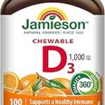 Jamieson Chewable Vitamin D3 1,000 IU Natural Tangy Orange Flavour, Supports Immune Health, Strong Bones and Teeth. Vegetarian, Non-GMO, Gluten-Free, No Artificial Flavours or Colours, 100 Count, Proudly Canadian