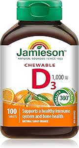 Jamieson Chewable Vitamin D3 1,000 IU Natural Tangy Orange Flavour, Supports Immune Health, Strong Bones and Teeth. Vegetarian, Non-GMO, Gluten-Free, No Artificial Flavours or Colours, 100 Count, Proudly Canadian